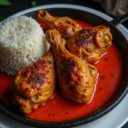 Eye-level photograph of flavorful Nigerian Chicken Stew, with a glossy finish and visible spices, set against a softly blurred background.