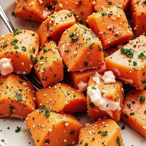 Deliciously crispy salmon bites with a vibrant lemon garlic sauce, elegantly arranged.