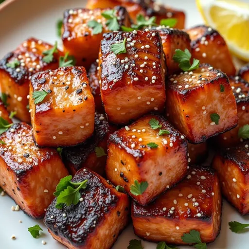 Bite-sized pieces of salmon coated in honey garlic sauce, beautifully arranged.