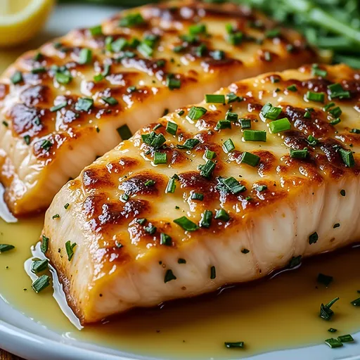 Golden-brown baked salmon topped with minced garlic and herbs.