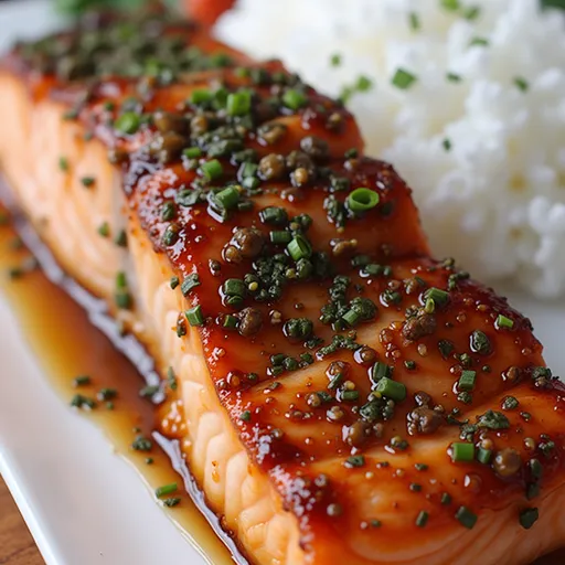 A beautifully plated air fryer honey garlic salmon with lemon wedges and soft shadows.