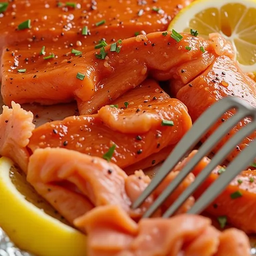 A plate of Honey Garlic Salmon in foil featuring minced garlic and herbs, displayed in natural light.