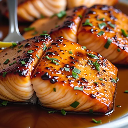 Eye-level shot of tender salmon fillets drizzled with a honey garlic sauce, served with lemon.