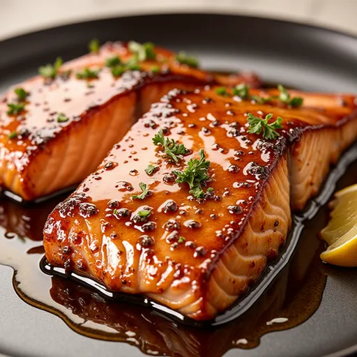 A vibrant salmon fillet showing a caramelized honey glaze and fresh herbs.