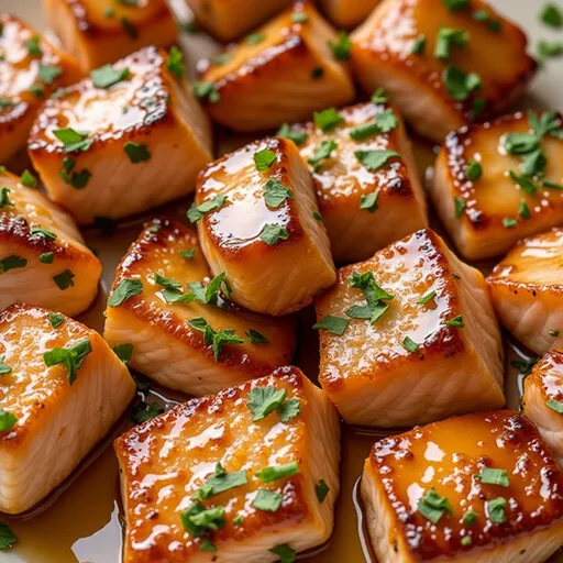 Mouthwatering salmon bites with a rich honey garlic glaze, captured in warm light.