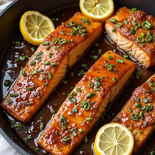 Glazed salmon highlighting its texture, served with vibrant green onion garnish under warm lighting.