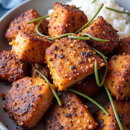 Freshly cooked salmon bites with a crispy texture, captured in warm lighting.