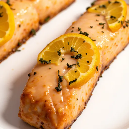A vibrant, golden-brown salmon fillet garnished with lemon wedges and fresh herbs, captured in natural light.