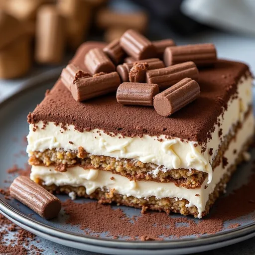A slice of indulgent Rich Chocolate Tiramisu showcasing its smooth texture and rich ingredients.
