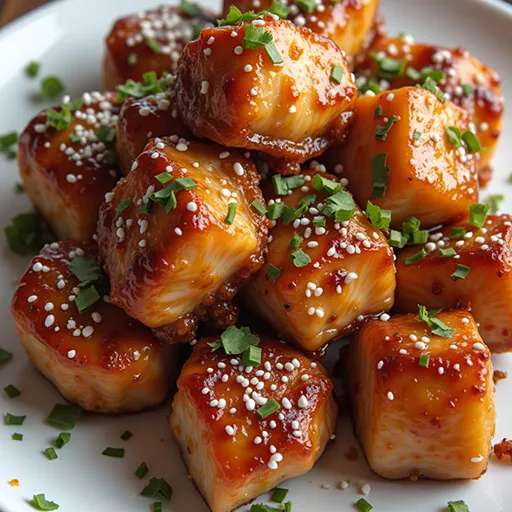 Bite-sized pieces of salmon glistening with honey garlic glaze, presented with a blurred background.