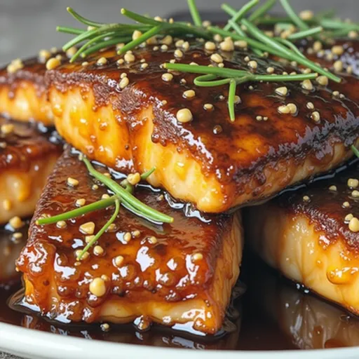 Glazed salmon fillets with honey and garlic surrounded by a blurred cozy background.