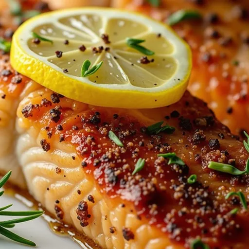 Eye-level view of a succulent Air Fryer Salmon fillet with minced garlic and lemon juice, set against a blurred, warm background.