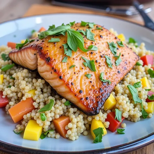 A plate featuring honey garlic salmon and fluffy quinoa, styled with soft lighting.