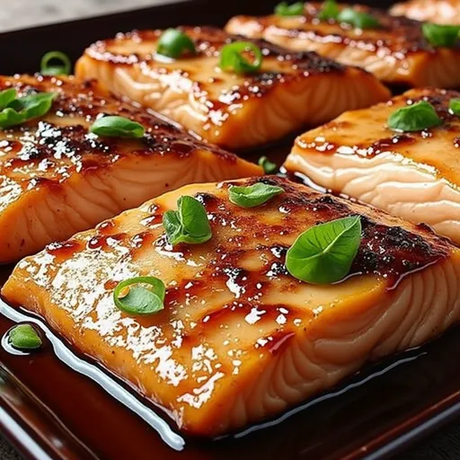 A beautifully detailed salmon dish featuring a honey garlic glaze and fresh toppings.