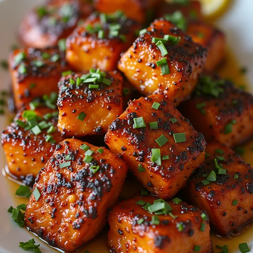 Eye-level shot of tender salmon bites glistening in honey and garlic, with a blurred cozy background.