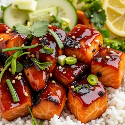 Delicious Honey Garlic Salmon served over rice, with sesame seeds and steamed broccoli.