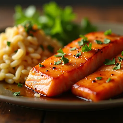 Appetizing salmon bites with a golden glaze, displayed with a blurred background.