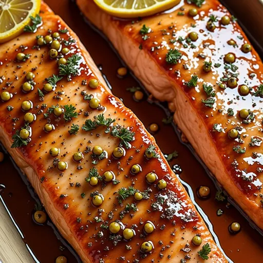 Oven-baked honey salmon fillet showcasing rich, caramelized color and texture, paired with lemon slices.