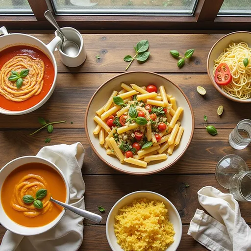 Delicious vegetarian meal of pasta and tomato soup captured in soft, warm lighting with a rustic ambiance.