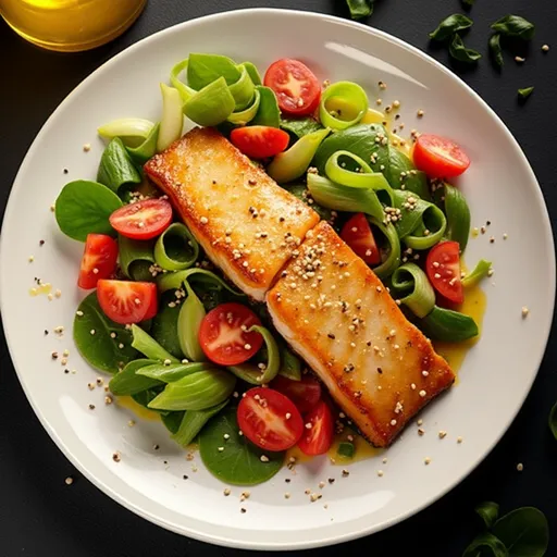 An appetizing salmon filet topped with a golden soy honey glaze, set against a softly blurred background.