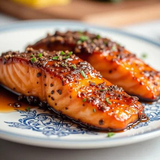 Appetizing salmon fillets with a honey garlic sauce, presented in warm lighting.
