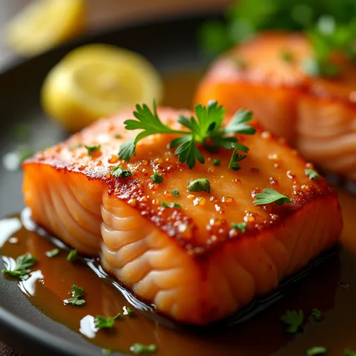 Air fryer salmon on a plate, highlighted by natural light, with a rich honey garlic sauce and soft shadows.