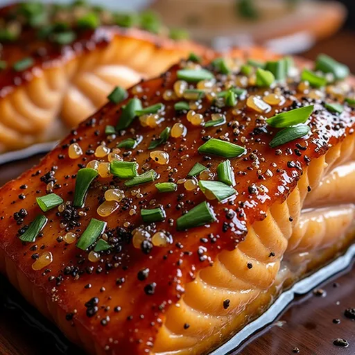Eye-level shot of glazed salmon, showcasing its crispy texture and shiny glaze, with lemon wedges and herbs nearby.