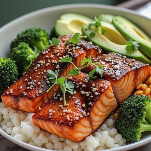 Colorful presentation of a Honey Garlic Salmon Bowl showcasing salmon, quinoa, broccoli, and avocado slices.