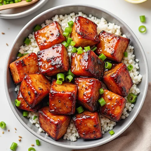 Succulent salmon bites with a shiny glaze, showcasing the texture and garnishes.