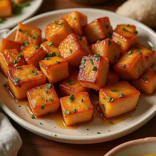 Beautifully cooked salmon fillet displaying a caramelized honey garlic coating, with a blurred cozy background.