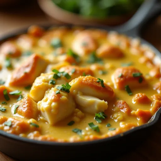 An inviting bowl of creamy chicken casserole showing layers of chicken, rice, and sauce.