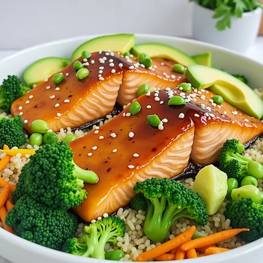 Detailed view of a Honey Garlic Salmon Bowl, showcasing the glistening salmon and fresh toppings.