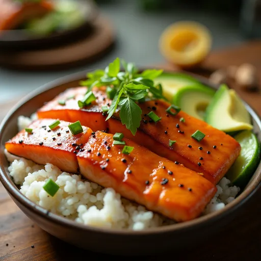 Delicious honey garlic glazed salmon served over cooked rice, garnished with fresh cucumbers and greens.