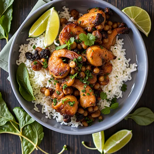 A delicious meal featuring salmon and shrimp in a honey garlic sauce, brightly lit to highlight its appetizing appearance.