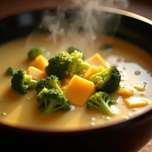 A warm bowl of healthy broccoli cheddar soup, highlighting its texture under soft, warm lighting.