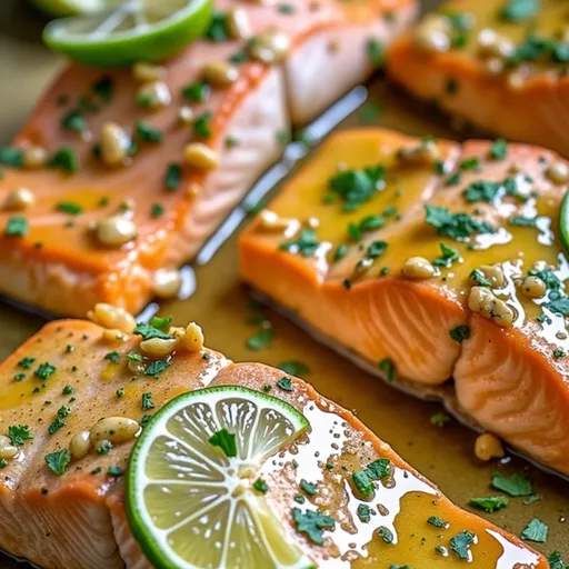 Eye-level view of a succulent salmon fillet topped with honey lime butter and fresh herbs, presented on a rustic table.