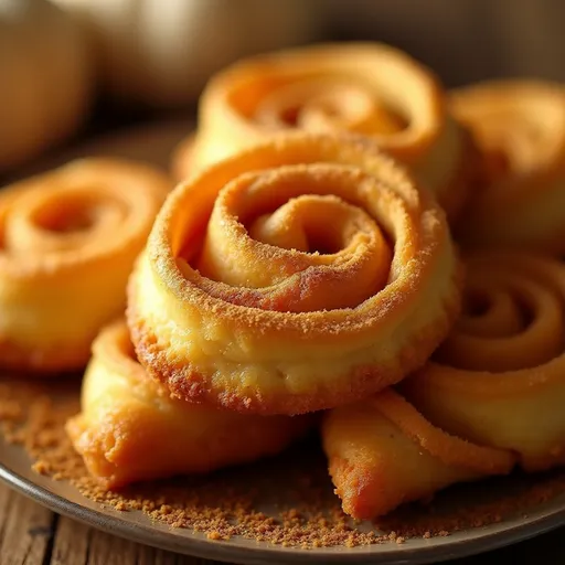 Deliciously spiraled pumpkin pie twists on a wooden table, beautifully lit to accentuate their texture and golden color.