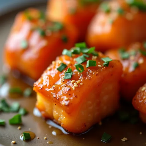 Appetizing plate of honey garlic salmon pieces, highlighted by natural light.