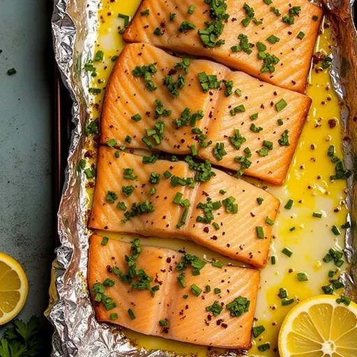 Eye-level view of salmon fillets with a golden garlic butter glaze, accented by lemon and herbs.