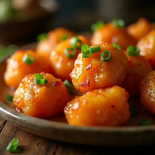 Aerial perspective of bite-sized salmon pieces glistening with honey garlic sauce.