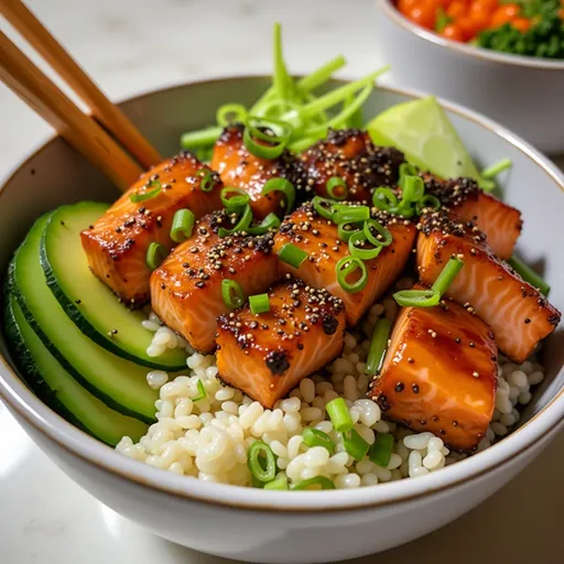 Detailed view of a honey garlic salmon rice bowl, showcasing salmon, rice, and bright green broccoli.