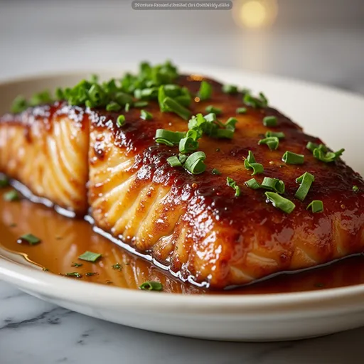 Eye-level shot of brown sugar honey glazed salmon on a plate with a cozy blurred background.