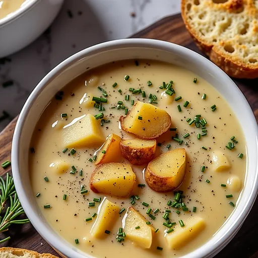 Delicious Cheddar Garlic Herb Potato Soup with a rich texture and soft shadows.