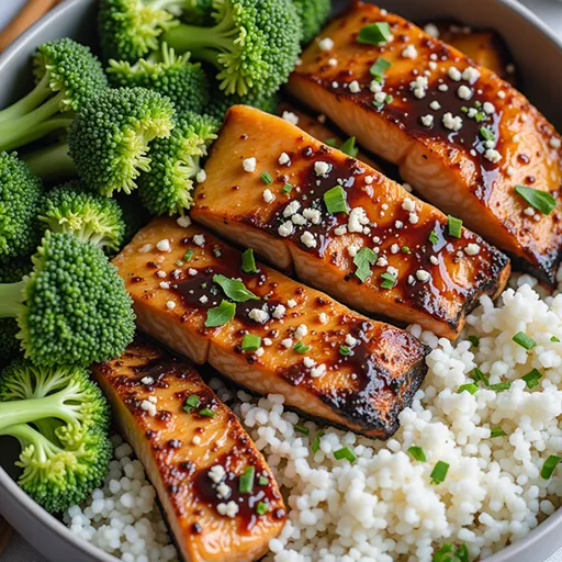 Detailed food photography of a Honey Garlic Salmon Meal Prep Bowl, capturing the textures of salmon and fresh ingredients.