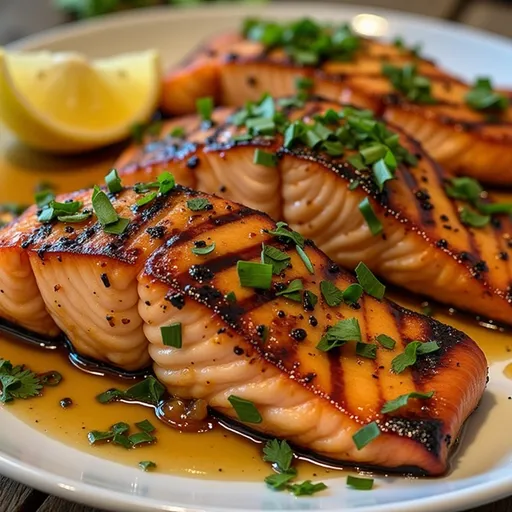 Succulent grilled salmon with a shiny glaze, featuring garlic and honey, set against a blurred background.