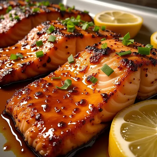 A vibrant salmon fillet with a rich honey garlic glaze, showcased with fresh ingredients.