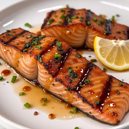 Air fryer salmon with a golden glaze, showcasing texture and garnished with chopped green onions.