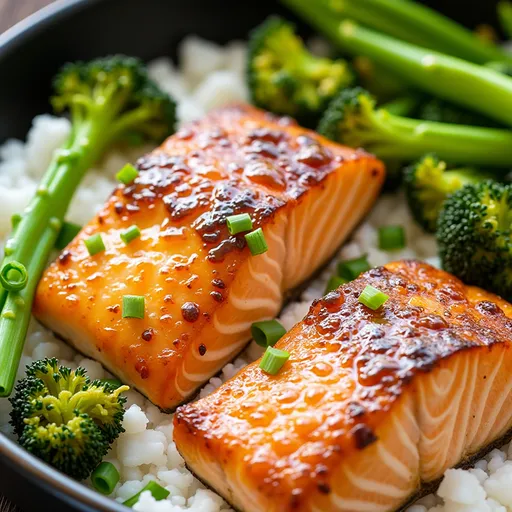 Succulent salmon fillets drizzled with honey garlic sauce in an air fryer, highlighted by warm, natural light.