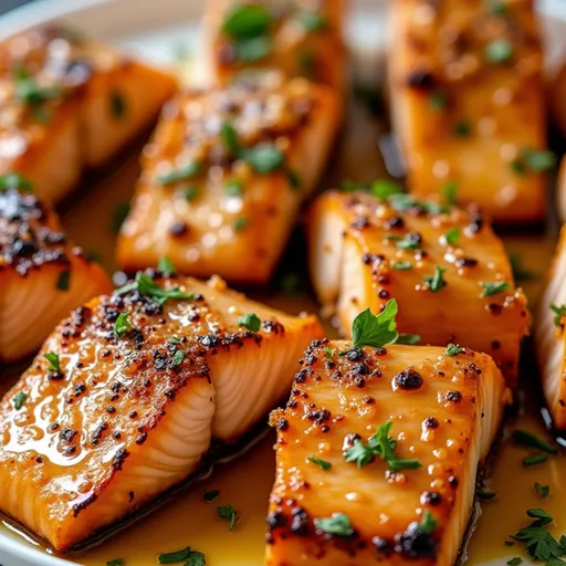 Succulent salmon fillets with a crispy glaze, served with lemon wedges and a sprinkle of green onions.
