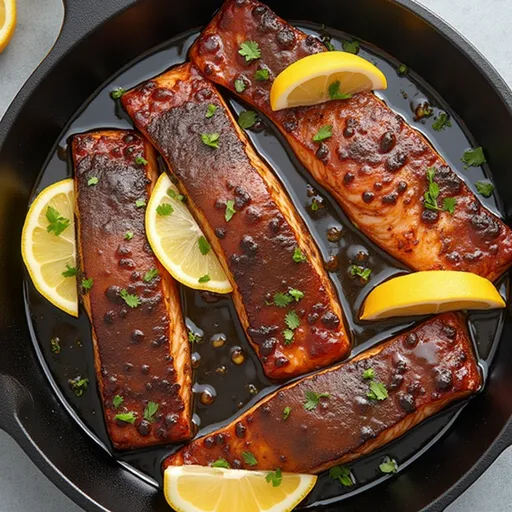 An appetizing salmon fillet coated with a honey glaze, elegantly presented with lemon wedges and a soft-focus background.